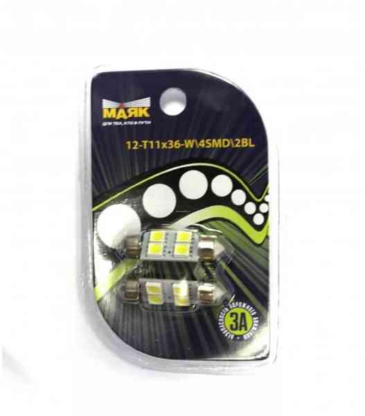 Купить Маякавто T11X36W2SMD2BL     Лампочка 1-о подсв номера (свеча) диод T 11x36/38 S8,5 2SMD (5,0x5,0) WHITE  К-т